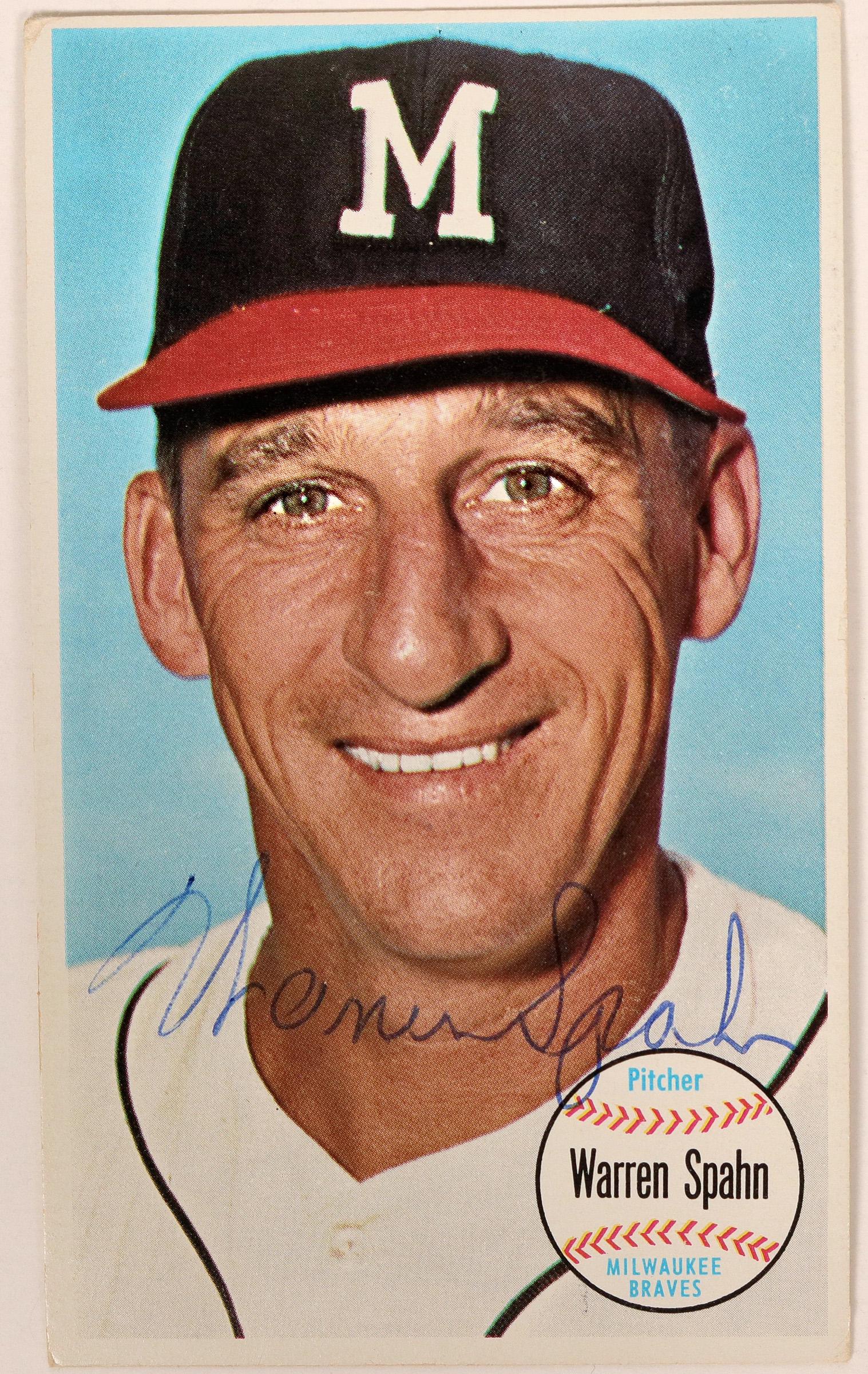 Autographed Warren Spahn 1964 Topps Large Baseball Card (1 of 2)