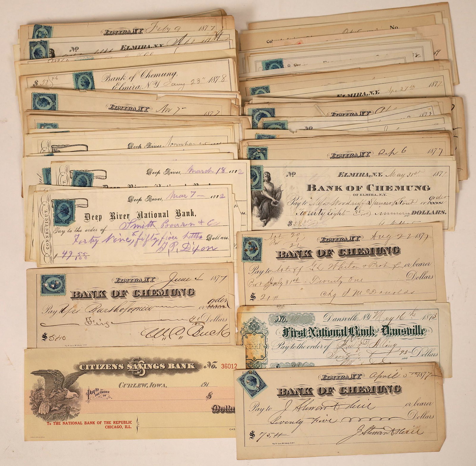 Large Group of Checks, Mostly Elmira New York [130096]: Roughly 160. Other checks from Colorado Springs, Curlew Iowa, Dansville New York, Deep River, etc. During the Civil war Elmira was known as Hellmira. They housed 12,123 Confederate prisoners of which 