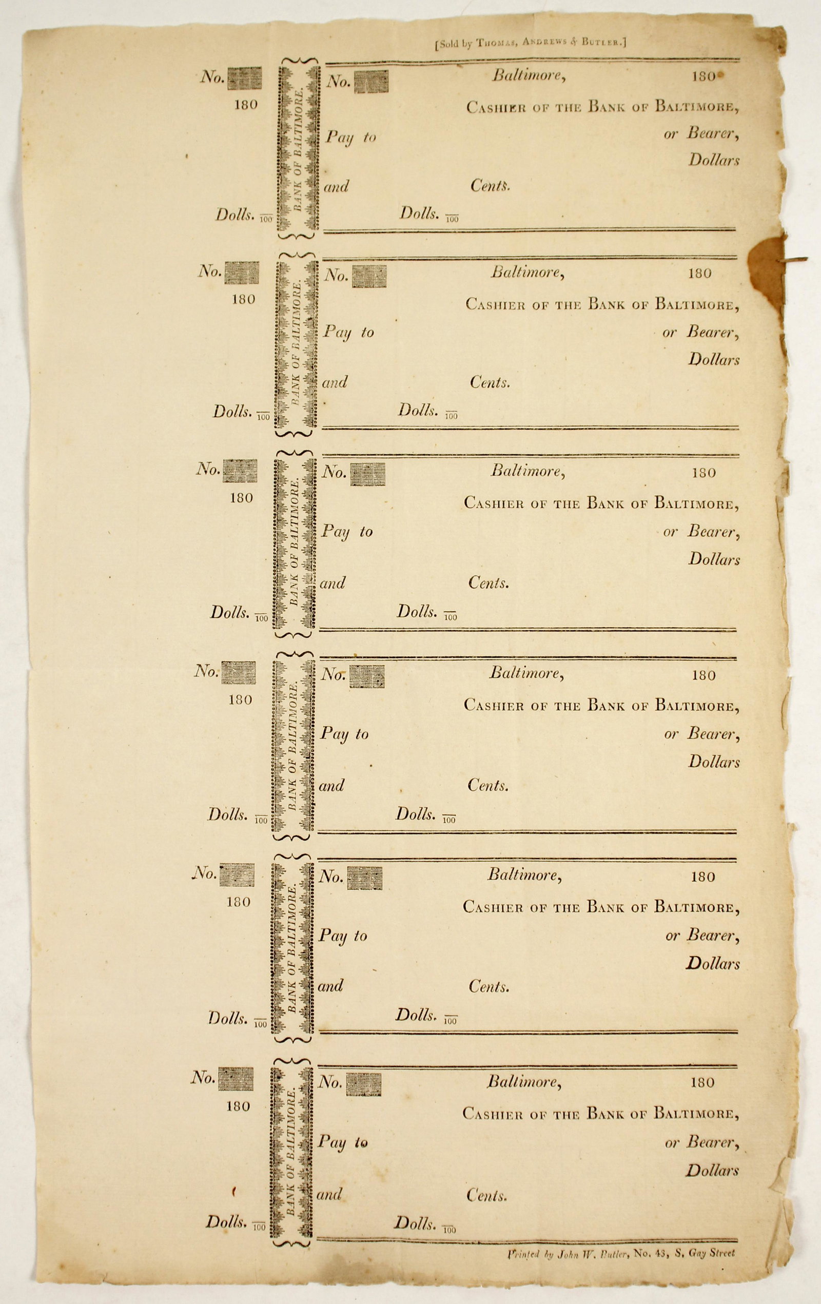 Old Checks from 1800's (Blank) [135534]: 6 blank checks "sold by Thomas & Andrew & Butler" 9.5" x 15". Slight staining right side & wear, please inspect. Date: 1800's Country (if not USA): State: City: Provenance:Date: 1800'sCountry (if not 