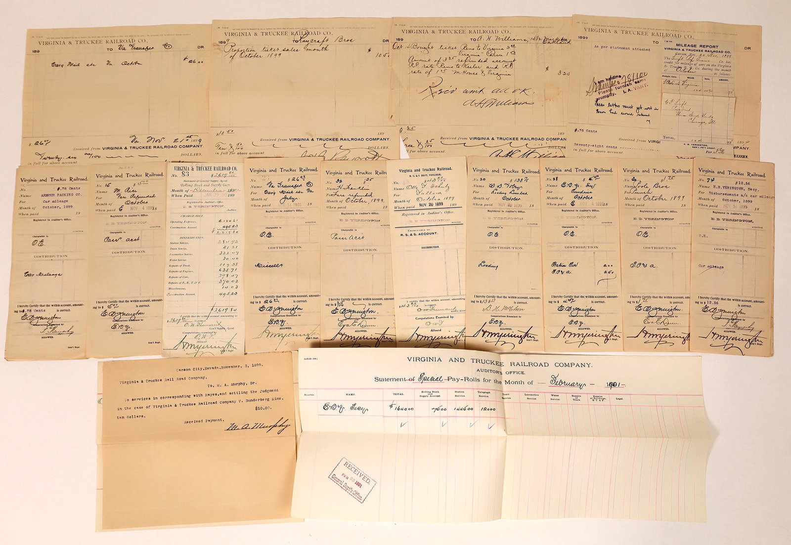 Virginia & Truckee Railroad Receipts for Various (1 of 1)