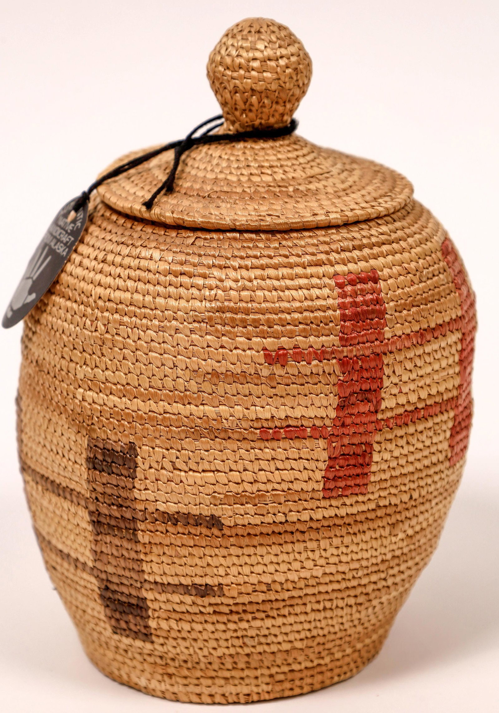 Inuit Eskimo Native American Indian Alaskan Basket from: 6" tall with lid, 4" diameter at widest part, mouth and base both approx 3" diameter. Hooper Bay Alaskan Eskimo Indian Basket, Miniature Coiled Grass Basket with Original Paper Tag, [x=#8220/]Authenti