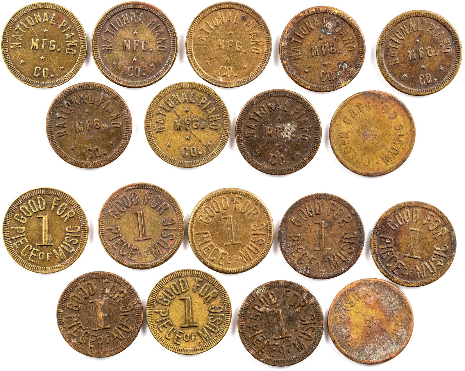 National Piano and Golden Gate Music Tokens [136636]: Lot of eight: National Piano / Mfg. / Co. // Good For / 1 / Piece of Music; Br., rd., 21 mm.One: Golden Gate / Music Co. // same as obverse; Br., rd., 21 mm.Date: Country (if not USA): State: Californ