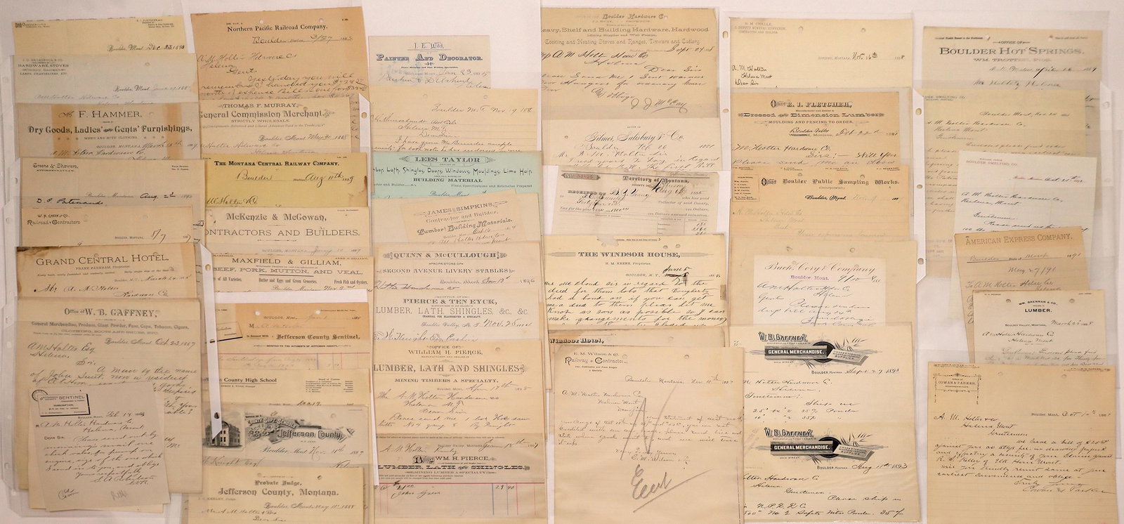 Boulder Letterheads (30) [128987]: A collection of approximately 30 letterheads, billheads with handwritten notes from Boulder, Montana. Included in this lot are pieces from W.B. Gaffney General Merchandise, Cowan & Parker Attorneys at