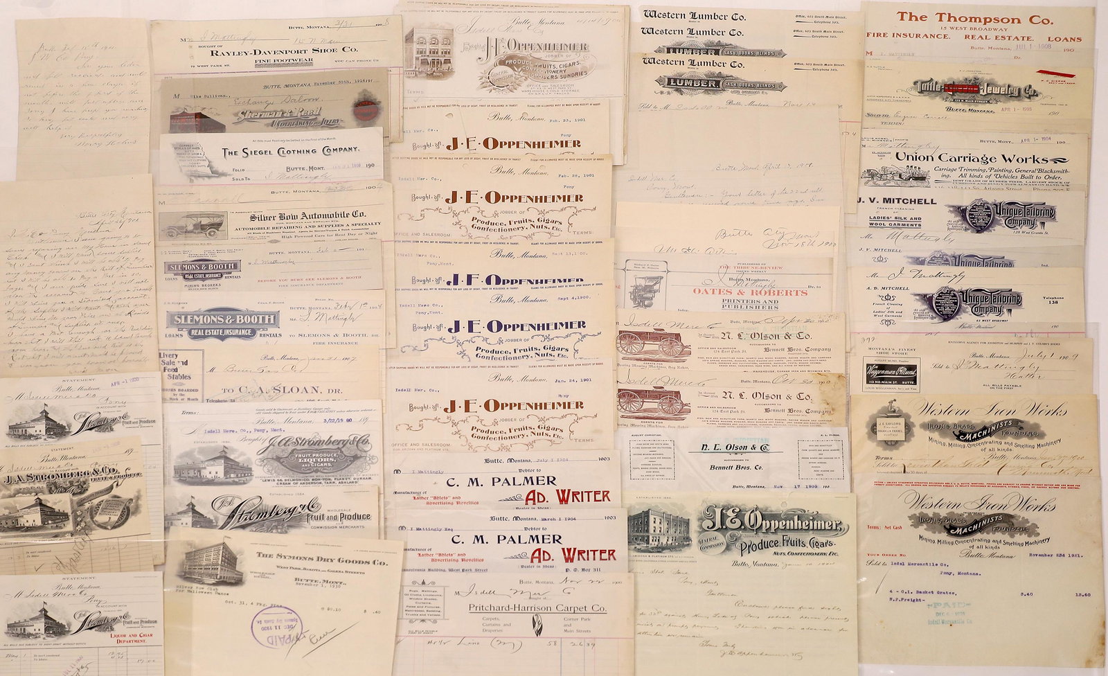Billheads, Letterheads from Butte (35) [128206]: A nice collection of business receipts, billheads, and other documents from several businesses in and around the Butte, Montana area. Included are Oates & Roberts Printers and Publishers, J.A. Strombe