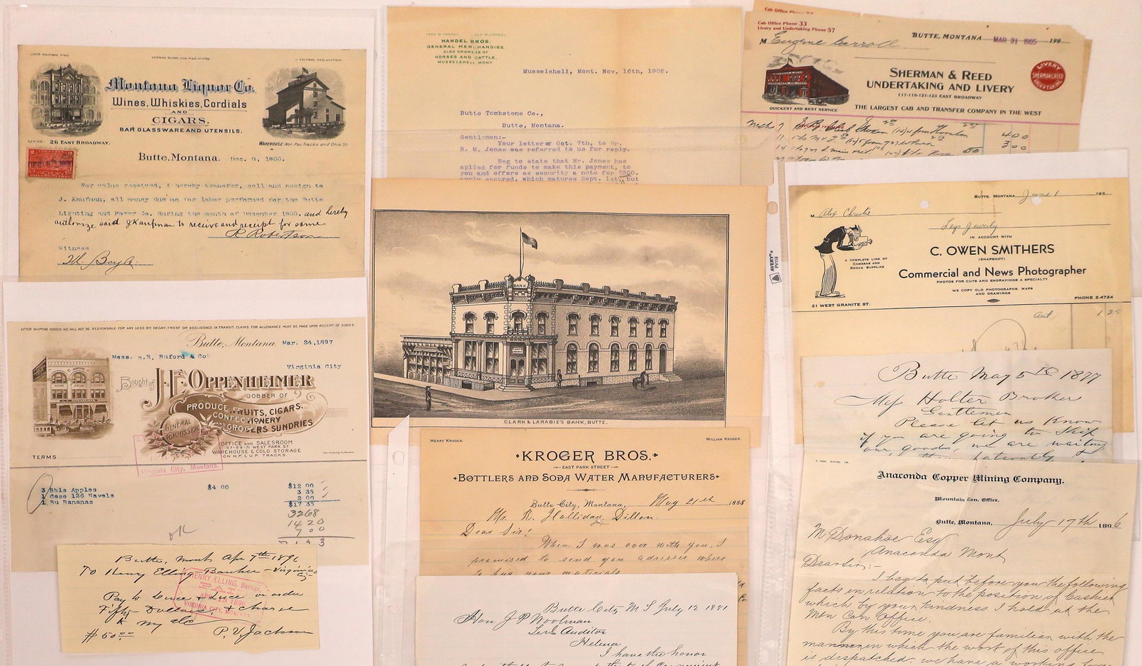 Butte Letters & Billheads (10) [128976]: A collection of approximately 10 handwritten letters and billheads from the Montana town of Butte from the late 1800's to the early 20th century. There are retail as well as handwritten letters and re