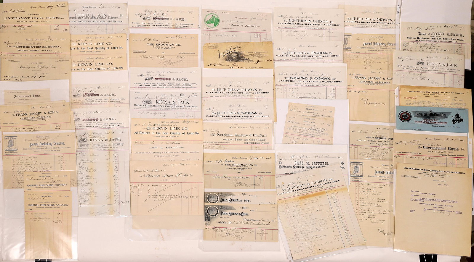Helena Billhead & Letterhead Group (Approx. 50): Collection of approximately 50 billheads, letterheads and letters from Helena Montana. Documents include, The Kerwin Lime Company (Multiples), Kinna & Jack Stoves, Hardware, Cutlery and Queensware (Mu