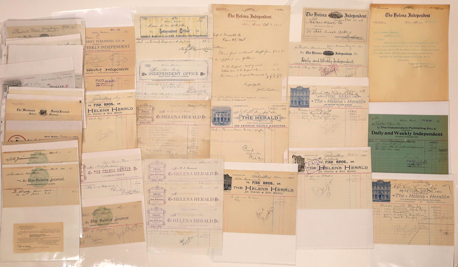 Helena Newspaper Billheads (Approx. 50) [140428]: Collection of approximately fifty (50) billheads form newspapers in Helena. Included are billheads from The Daily & Weekly Herald, The Helena Independent, The Montana German Press, The Helena Journal