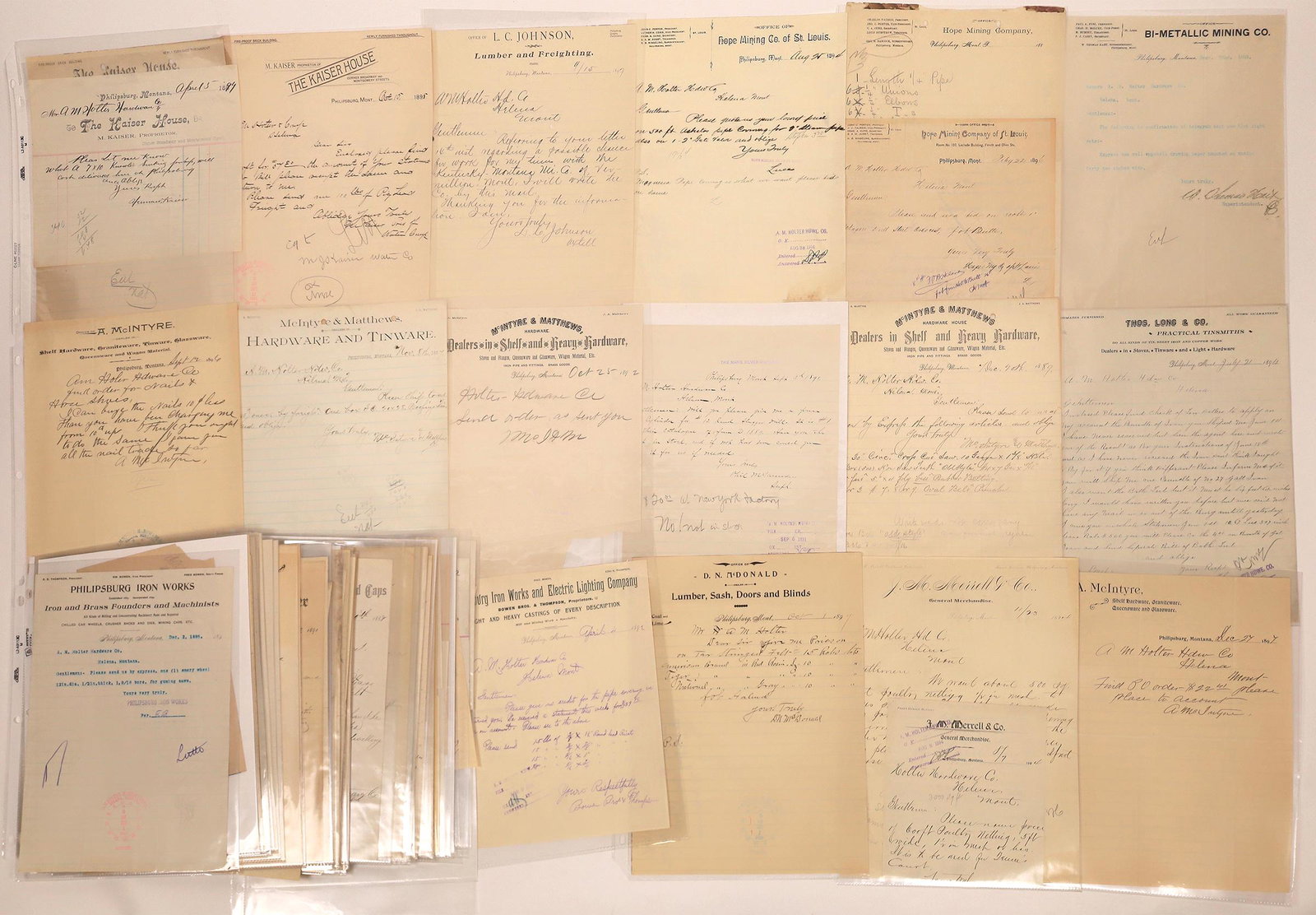 Phillipsburg Area Billhead Collection [140518]: A collection of (Approx. 65) advertising billheads and such from the Phillipsburg area. Included are The California Wine House, Featherman & Company Dry Goods, Groceries, Clothing, Hats and Caps, Thom