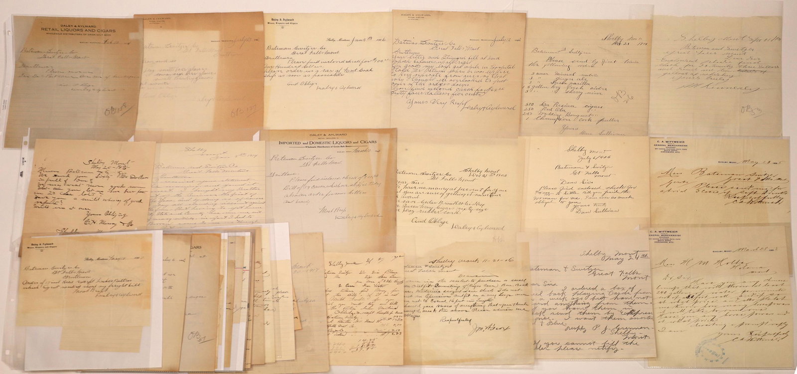 Correspondence from Shelby, Montana ~ 35 pcs [141036]: A group of about 36 pieces of printed letterheads and billheads with some personal correspondence, all from or related to Shelby, a town in Toole County, Montana, originally at the junction of the Gre