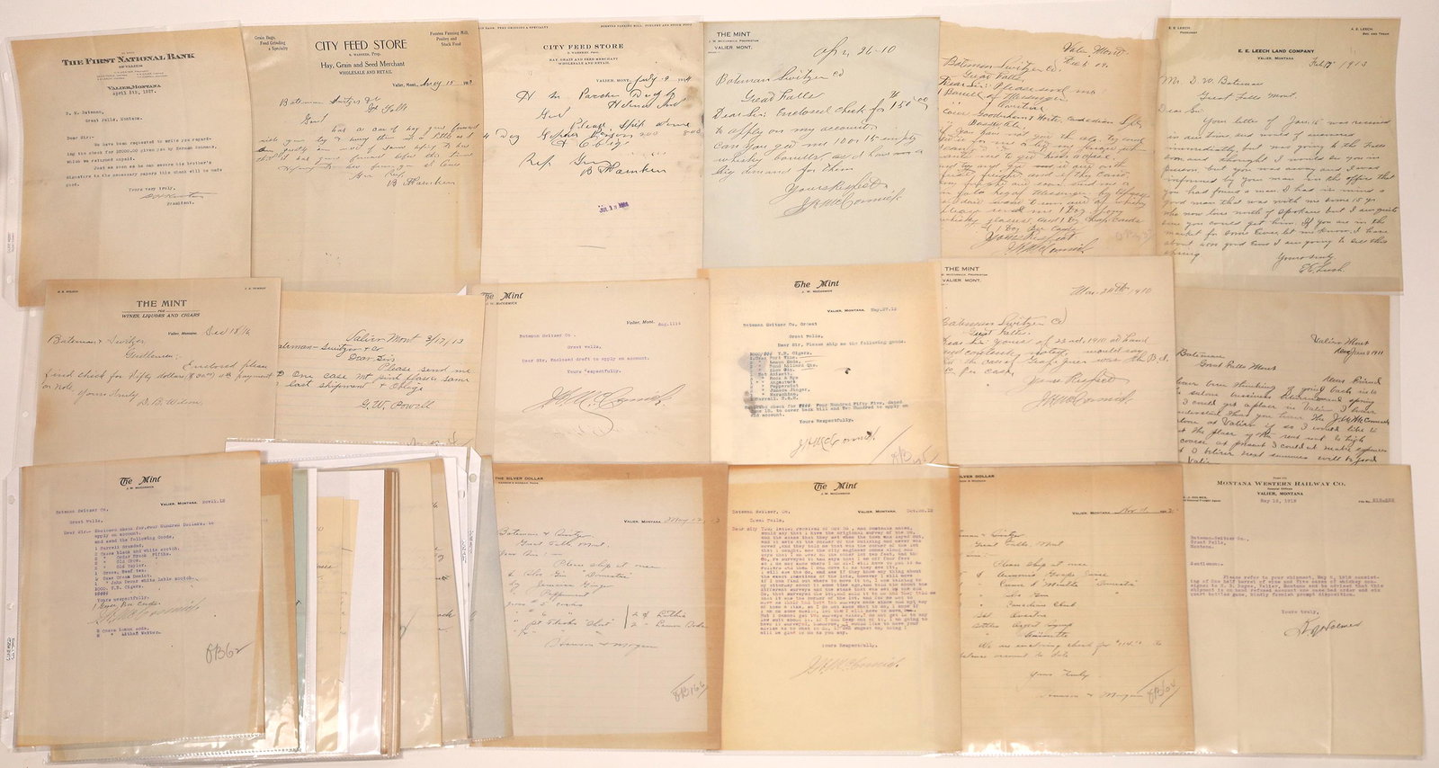Valier, MT. Letters, Billheads, Letterheads [140521]: Collection of approximately 40 bill and letterheads & handwritten letters from Valier, Montana. Included in this group is, Charles Akofer Lumber Company, City Feed Store, The Mint, Virgil H. Taylor, W