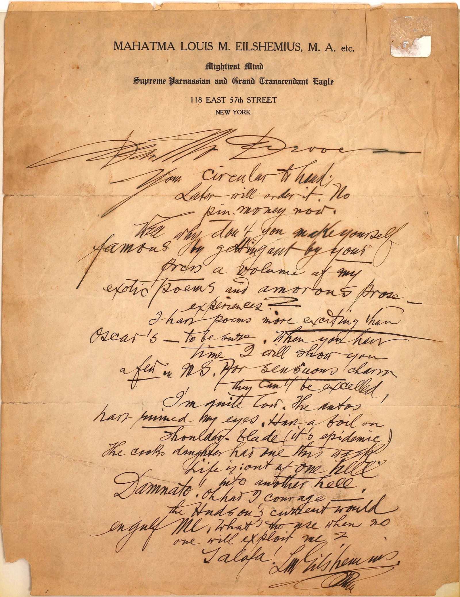 Louis Michel Eilshemius Handwritten Letter  [137985] (1 of 1)