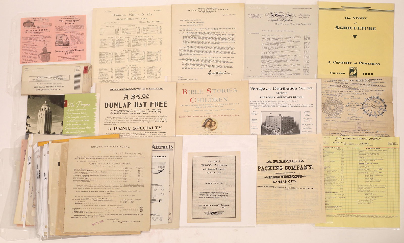 Advertising Ephemera [139971]: Lot of about 40 pieces of vintage advertising, price lists and miscellaneous. "The Story of Agriculture," from A Century of Progress, Chicago, 1933; Text of the Petition of the Attorney General for th