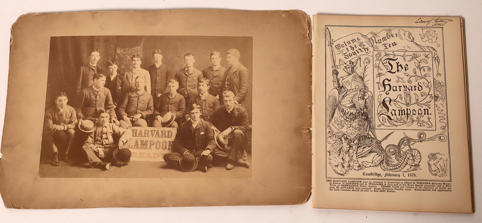 Harvard Lampoon Old Issues and Photograph [139300]: Five issues of the Harvard Lampoon from 1877-1878. (First published in 1876.) Also a photograph of fifteen gentlemen posing around a sign that reads "Harvard Lampoon Ready." Photograph is 11 x 8 inche