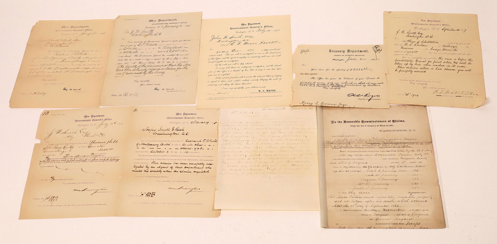 Civil War Payment Claims (8) [139214]: Lot of 8. US Congress established the Southern Claims Commission on March 3, 1871 so that pro-Union Southerners who had lost property to invading Union armies could request compensation. Collection in