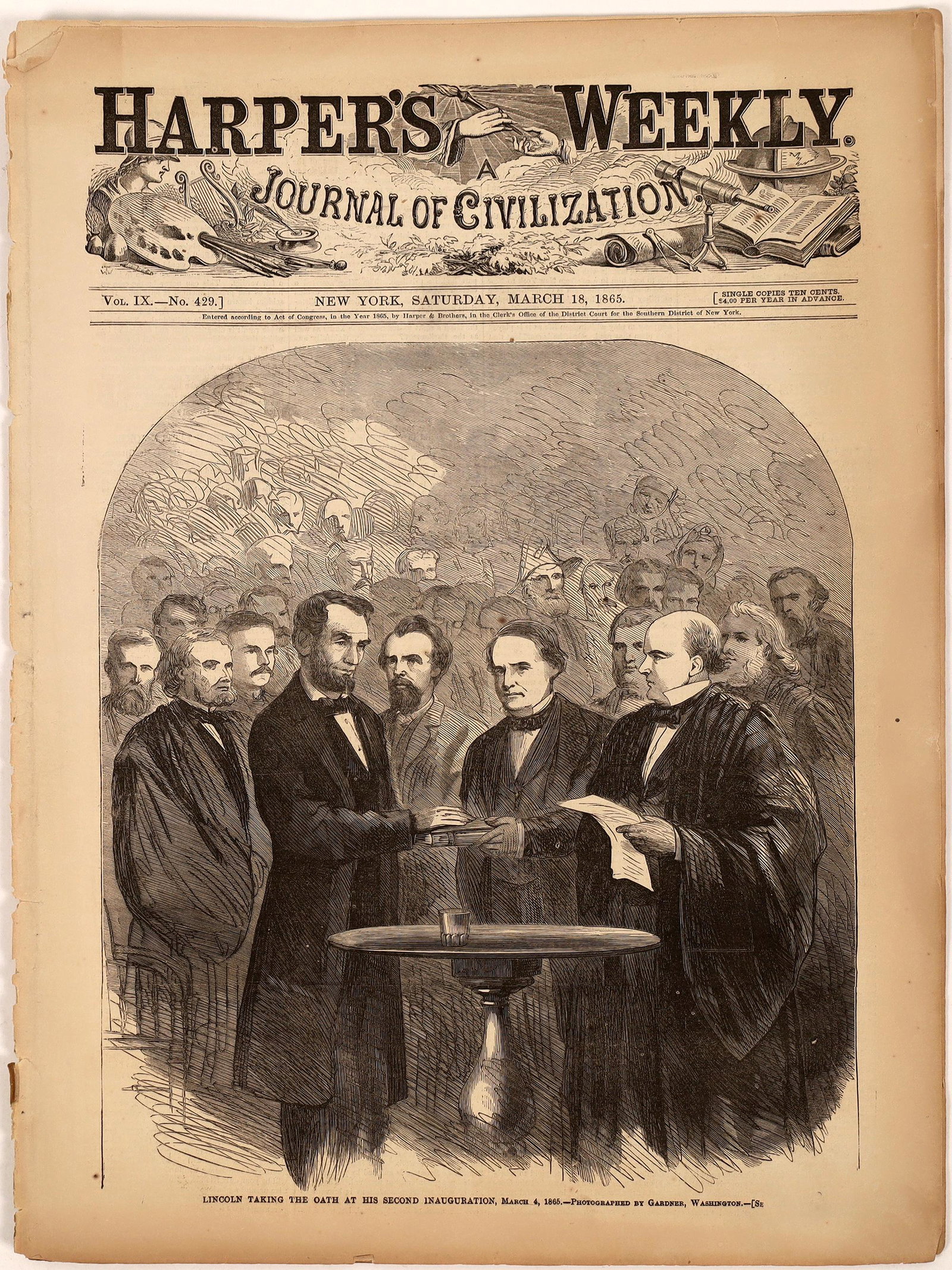 Harper's Lincoln Inaugural Edition [139332]: A fascinating piece of history. This is the March 18, 1865 edition of "Harper's Weekly Journal of Civilization" commemoration the second inauguration of Abraham Lincoln two week earlier on March 4, 18