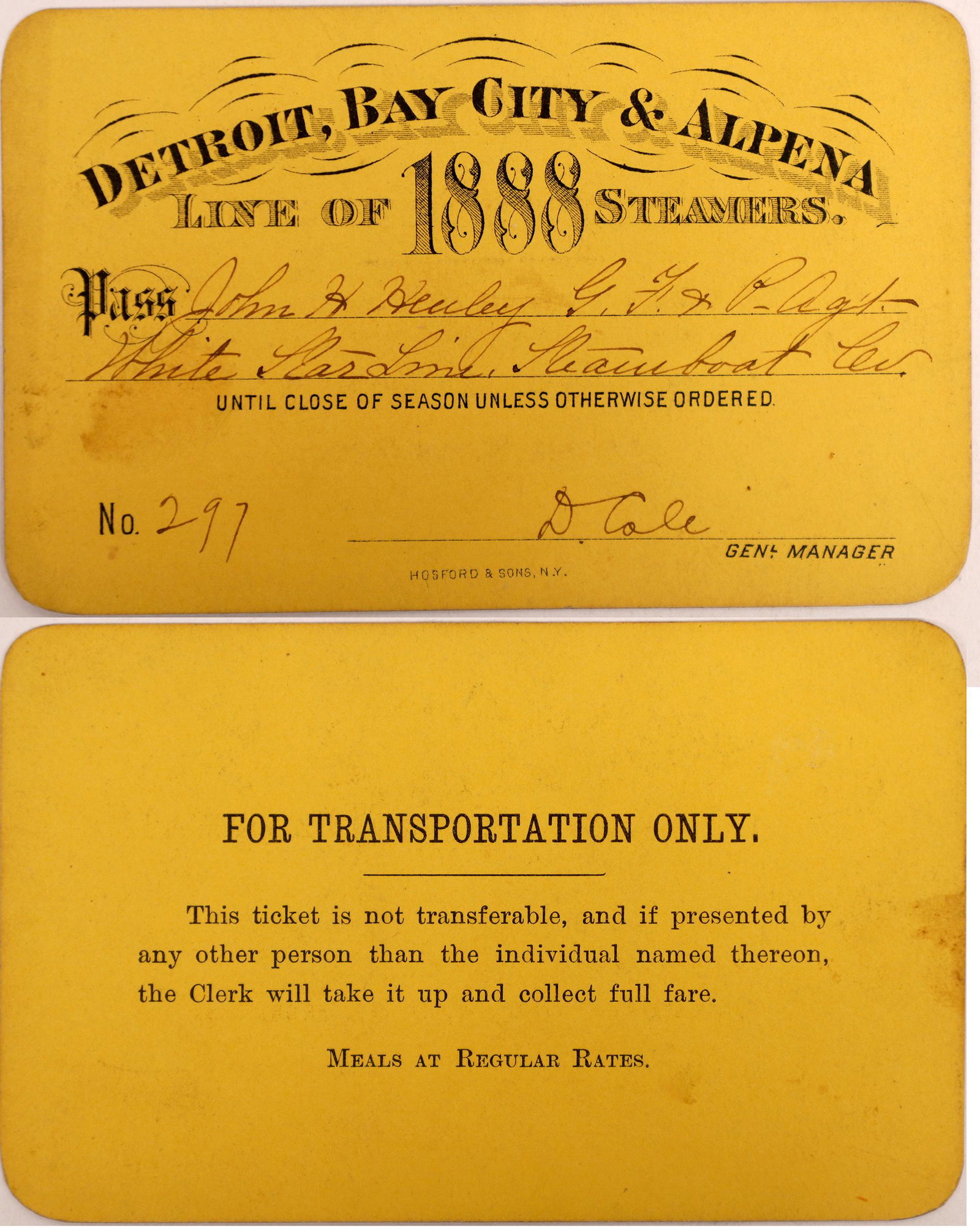 Detroit, Bay City & Alpena Steamer Pass, 1888  [130512] (1 of 1)