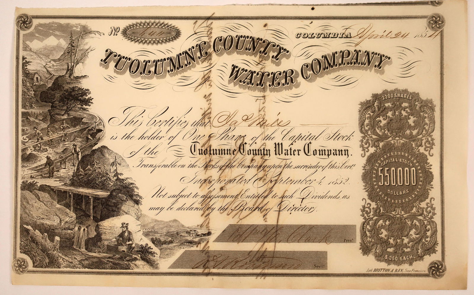 Tuolumne County Water Co. Stock Signed by D. O. Mills (1 of 1)