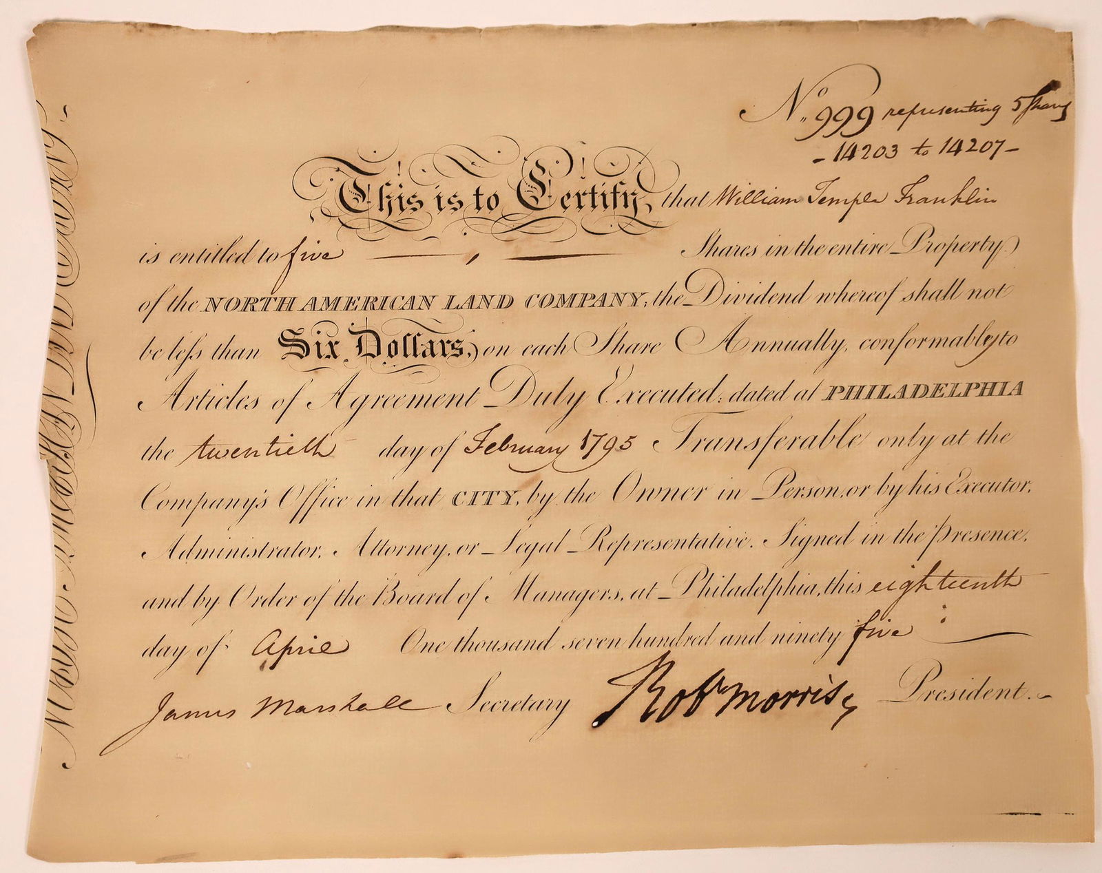 Robert Morris signed stock issued to Wm. Temple: North American Land Company stock certificate, datelined Philadelphia, issued February 20, 1795, to William Temple Franklin, signed by financier Robert Morris, (also a signer of the Declaration of Ind