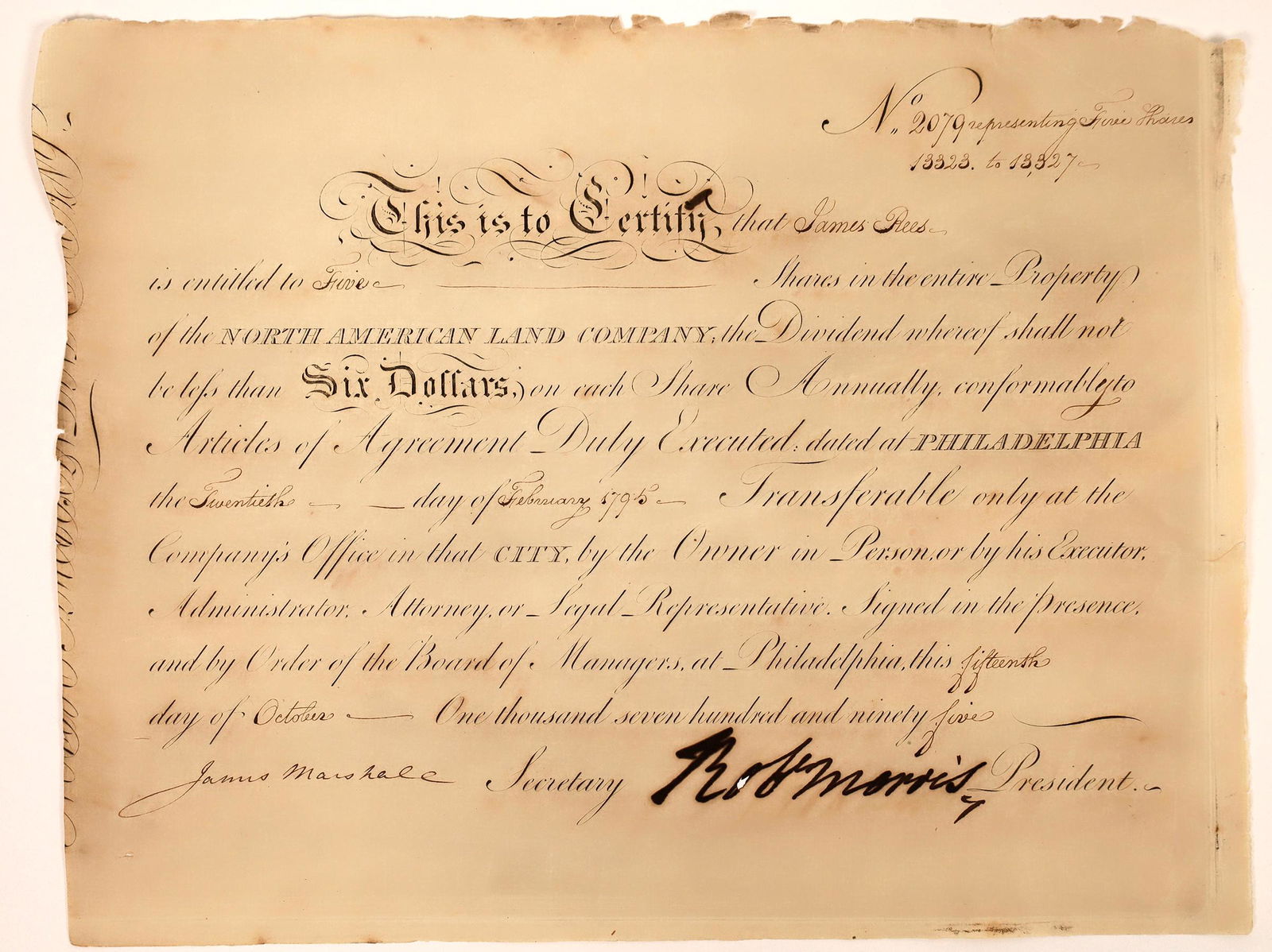 Stock with Robert Morris, James Marshall and James Rees: Certificate 2079 issued to James Rees for 5 shares of the North American Land Company. Not cancelled. Robert Morris, in addition to being a signer of the Declaration of Independence, was called the "f