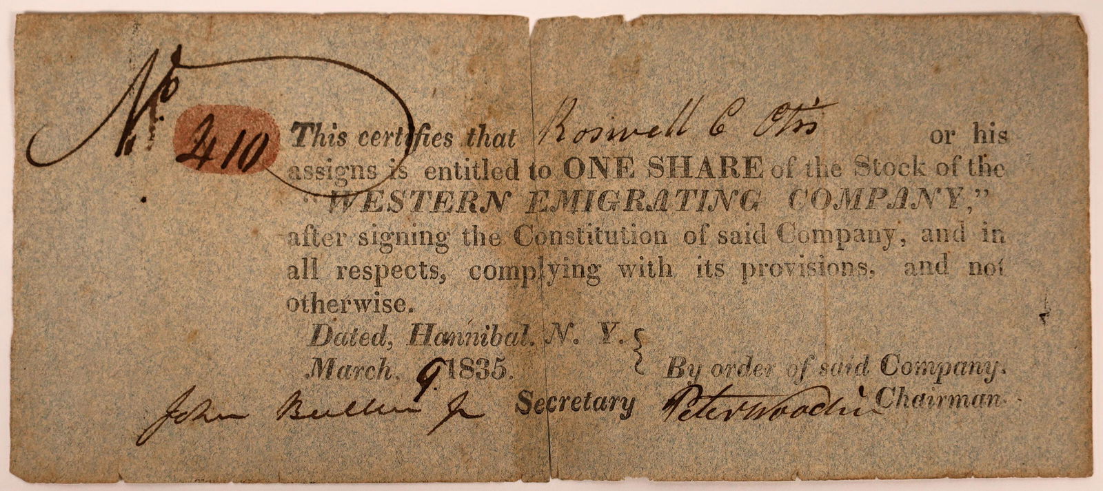 Western Emigrating Company Stock: Roswell Otis (1 of 1)