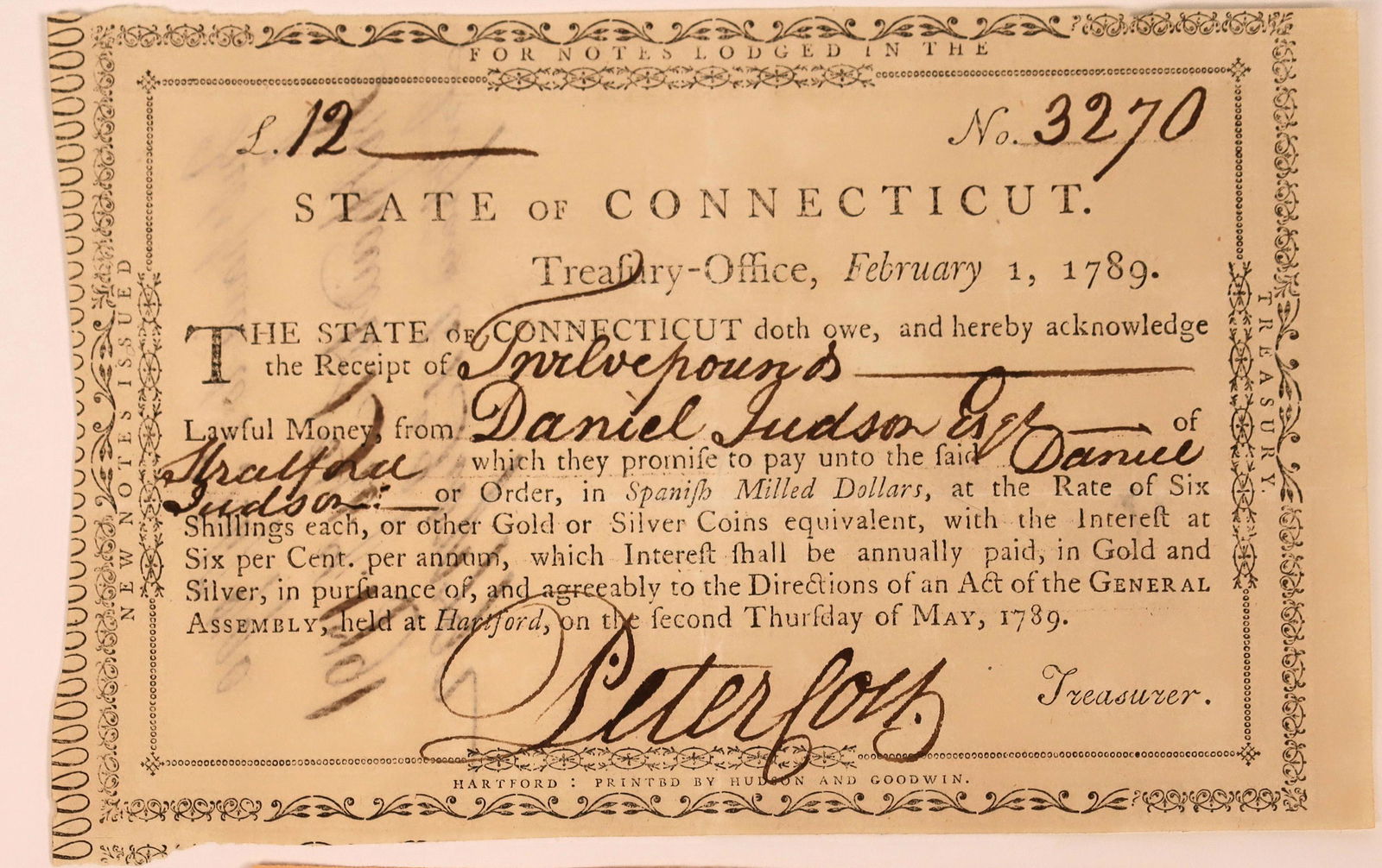 State of Connecticut Twelve Pound Note, 1789 (For (1 of 1)
