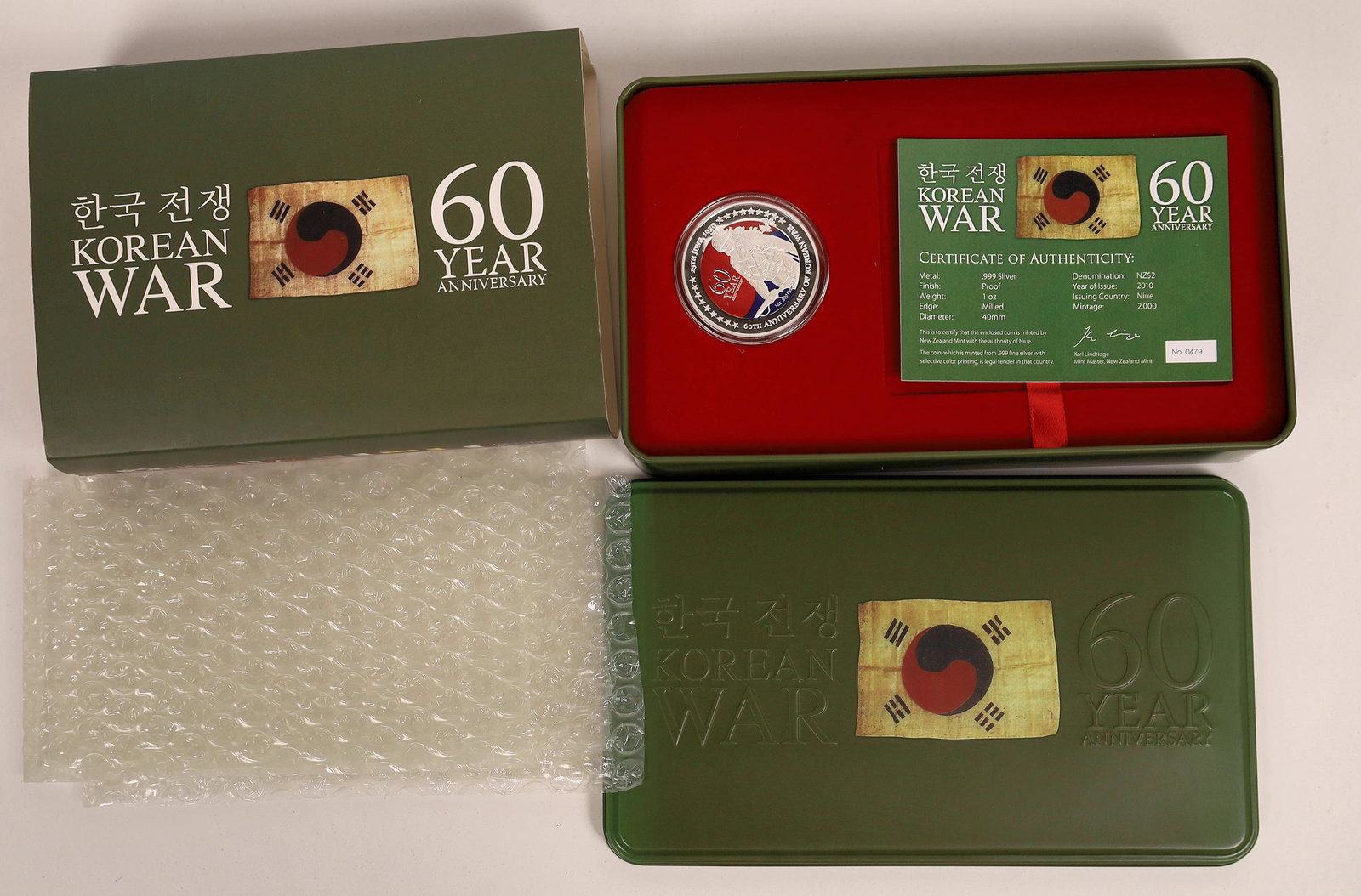 Niue 2010 2$ Korean War 60th Anniversary .999 1oz: Niue 2010 2$ Korean War 60th Anniversary .999 1oz Silver Coin Limited Edition. Mintage limited to 2000. Coin in capsule with Certificate of Authenticity, original metal box and cardboard sleeve. Korea