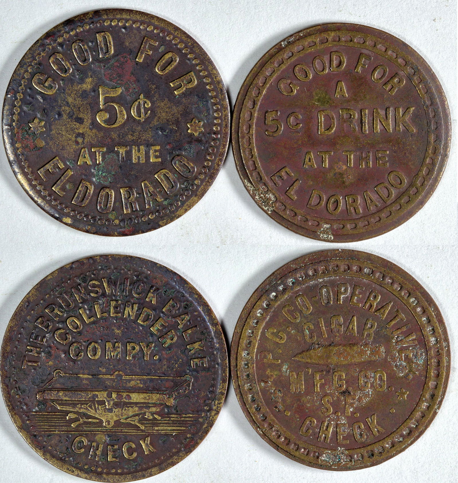 Unlisted El Dorado Drink Tokens [139000]: Lot of two: 1) Good For / 5c/ at the / El Dorado // The Brunswick Balke / Collender / Compy. / (pictorial pool table) / Check; Br. rd., 25 mm. 2) Good For / A / 5c Drink / at the / El Dorado // P. C.