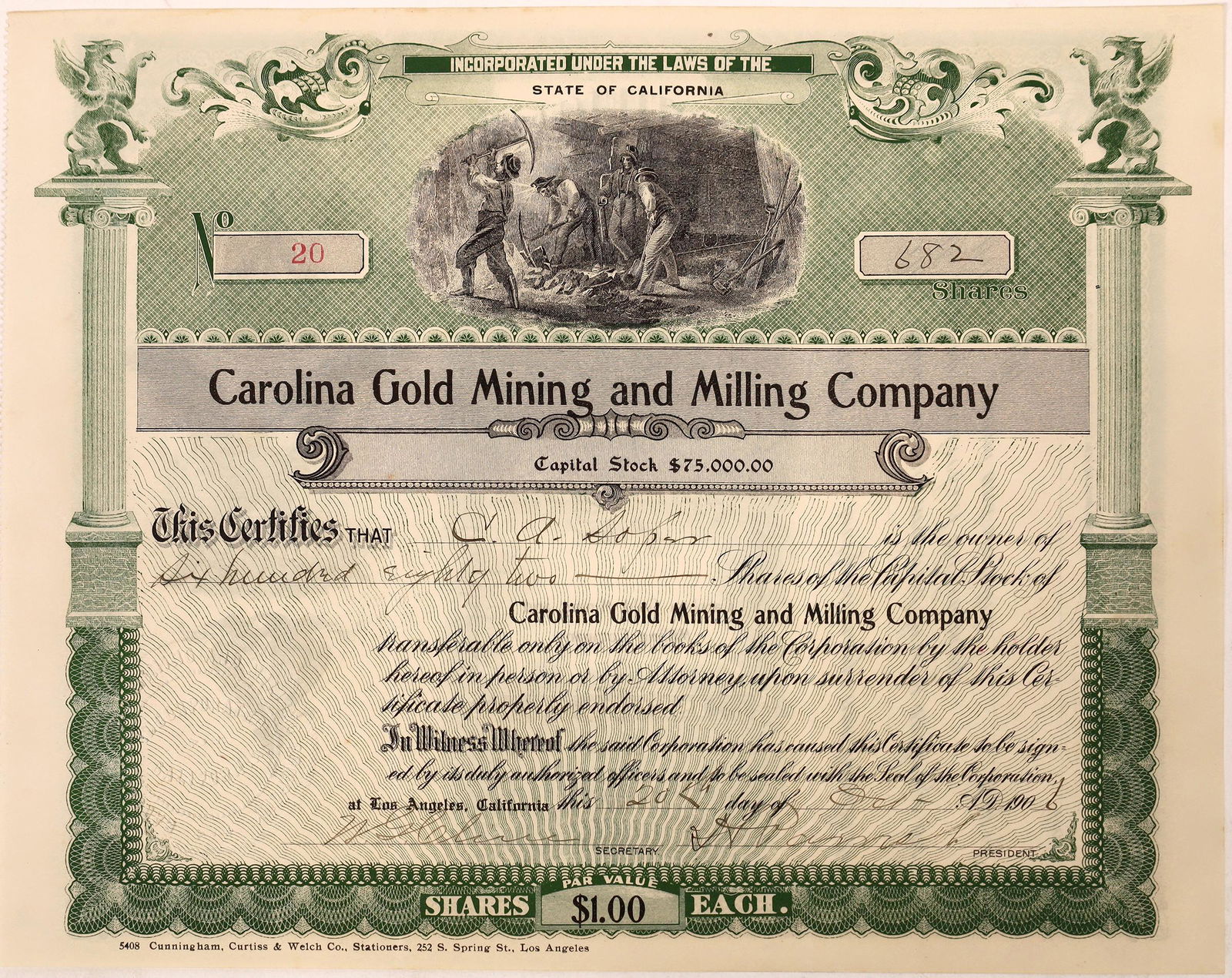 Carolina Milling & Mining Stock Certificate  [128110] (1 of 1)