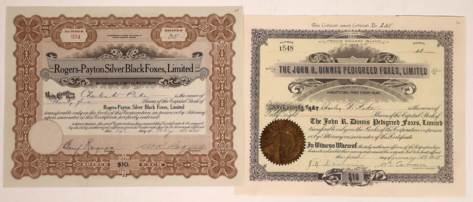 Two Fox Company Stock Certificates from Prince Edward (1 of 1)