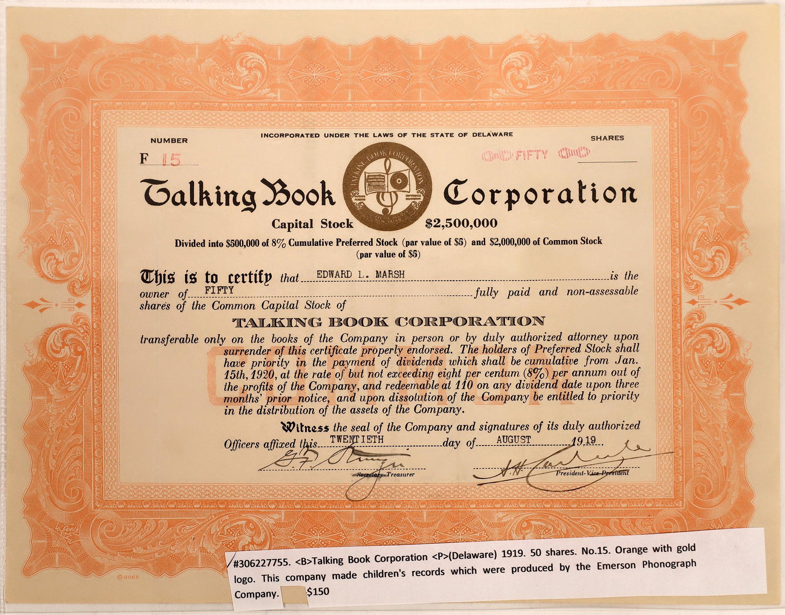 Talking Book Corporation Stock Certificate  [128820] (1 of 1)