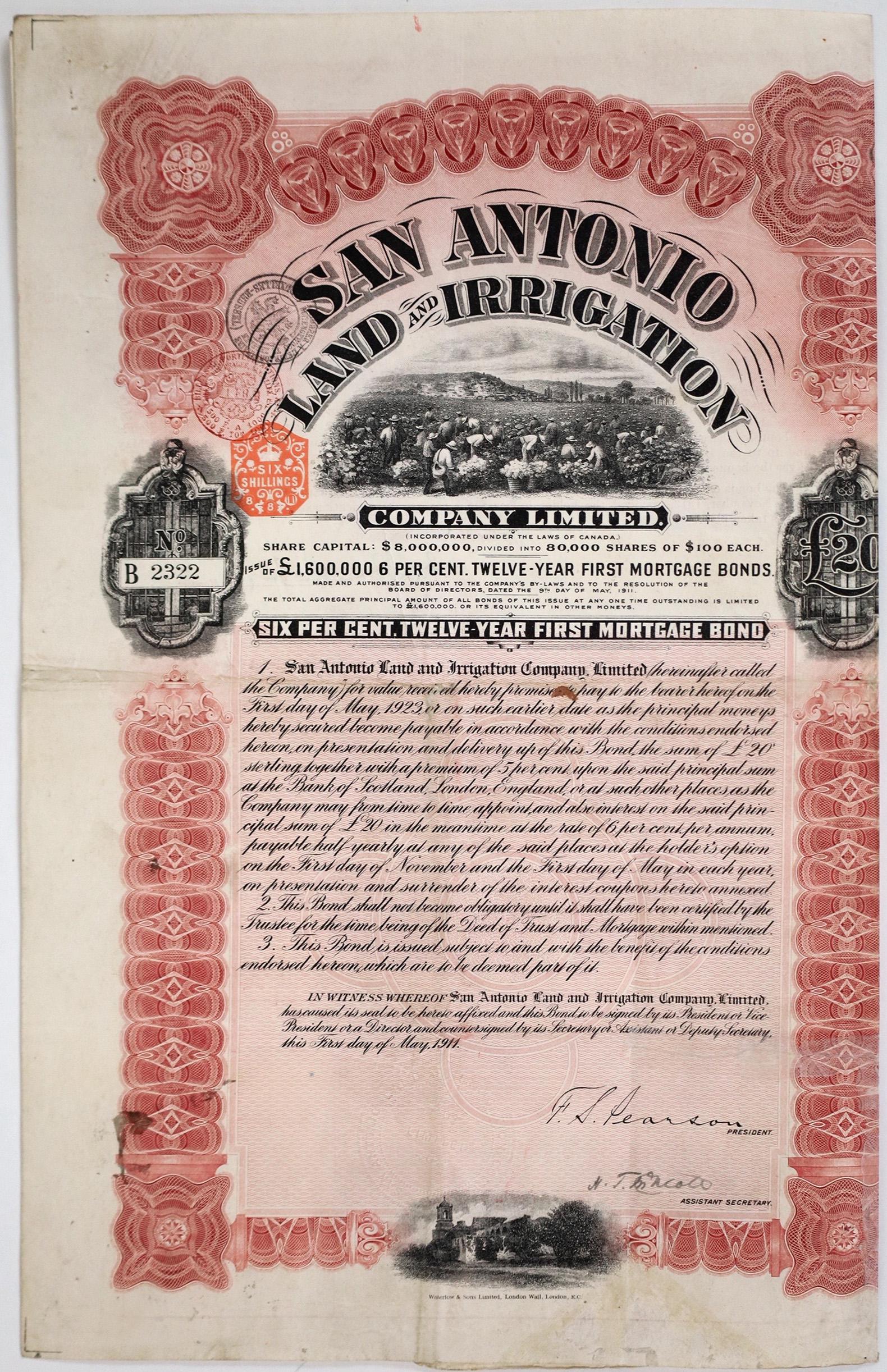 San Antonio Land & Irrigation 6% Bond, 1911, Signed by (1 of 1)