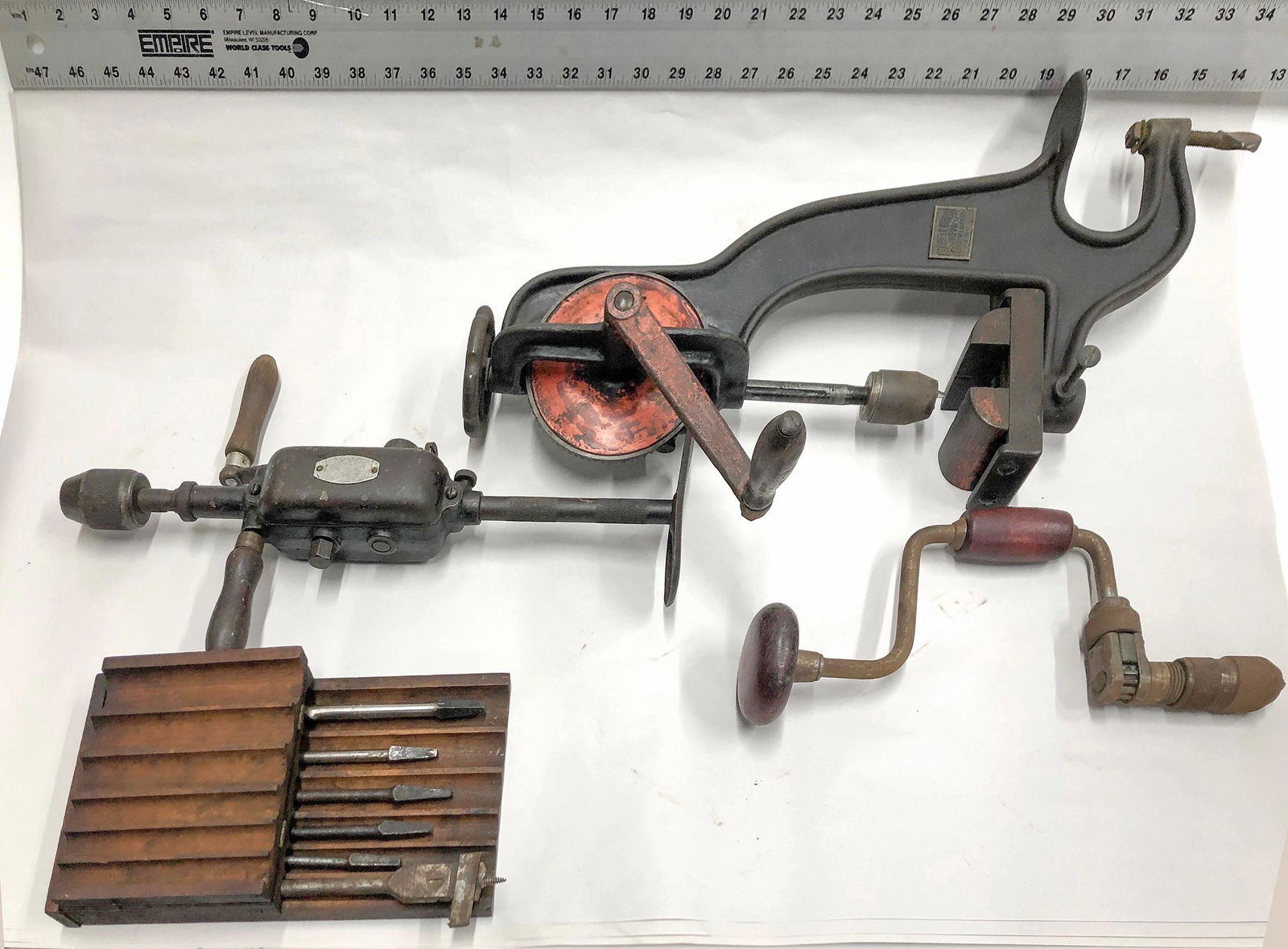 Antique Unusual Drill Group (4) [131505]: 1.) Large early dress press with clamp for tabletop use. by Goodell Bros Green field Massachusets. 22x11" fancy and well constructed 2.) Drill with hip support for horizontal drilling. 17x10" plaque i