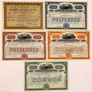 Orpheum Circuit, Inc. Stock Certificates-5 [126967]: Five stock certificates issued by Orpheum Theatre Circuit, Inc. Certs are dated 1920, 1922 and 1926. Some are signed by Martin Beck, president. Two of the certificates are issued to one of the origina