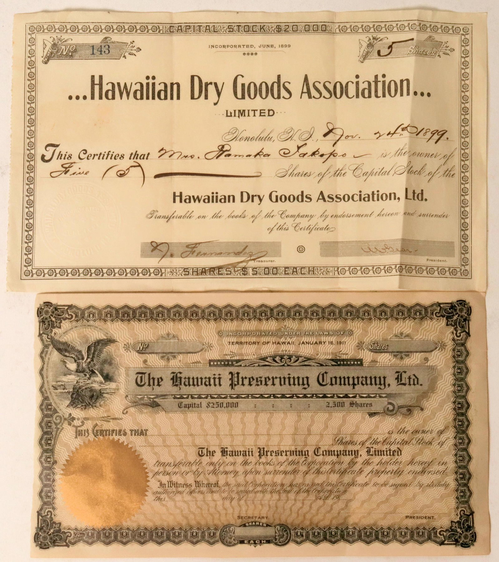 Two Hawaii Stock Certificates: Dry Goods & Preserving (1 of 1)