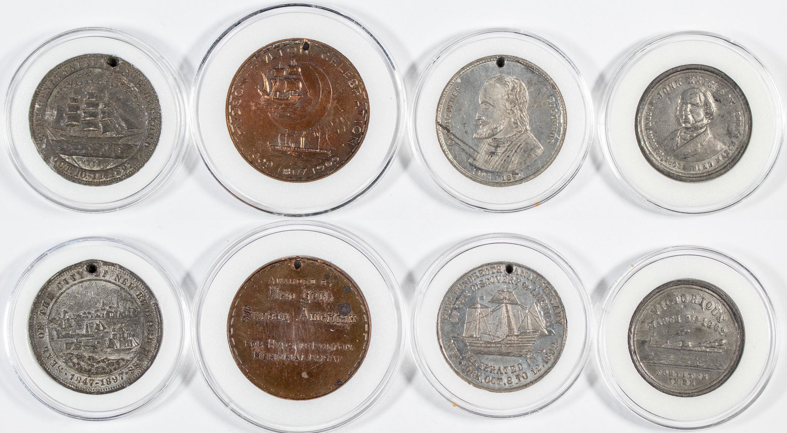 Commemorative Ship Medals (4) [137495]: Four medals with ship images commemorating different anniversaries. (1) 1889: Commemorating the death of John Ericsson, designer of the U.S.S. Monitor. Obverse portrait of Ericsson with his date of bi