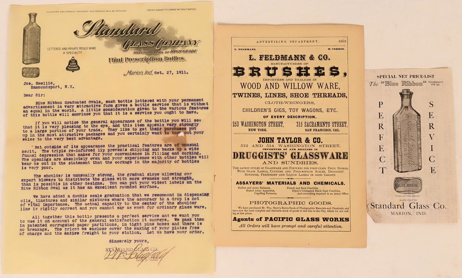 Glass Works Ephemera [113510]: Lot of 3: 1) Pictorial letterhead and pricelist for the Standard Glass Company, a Marion, Indiana-based glass works. "Manufacturers of High-Grade Flint Prescription Bottles." Vignette of their blue ri