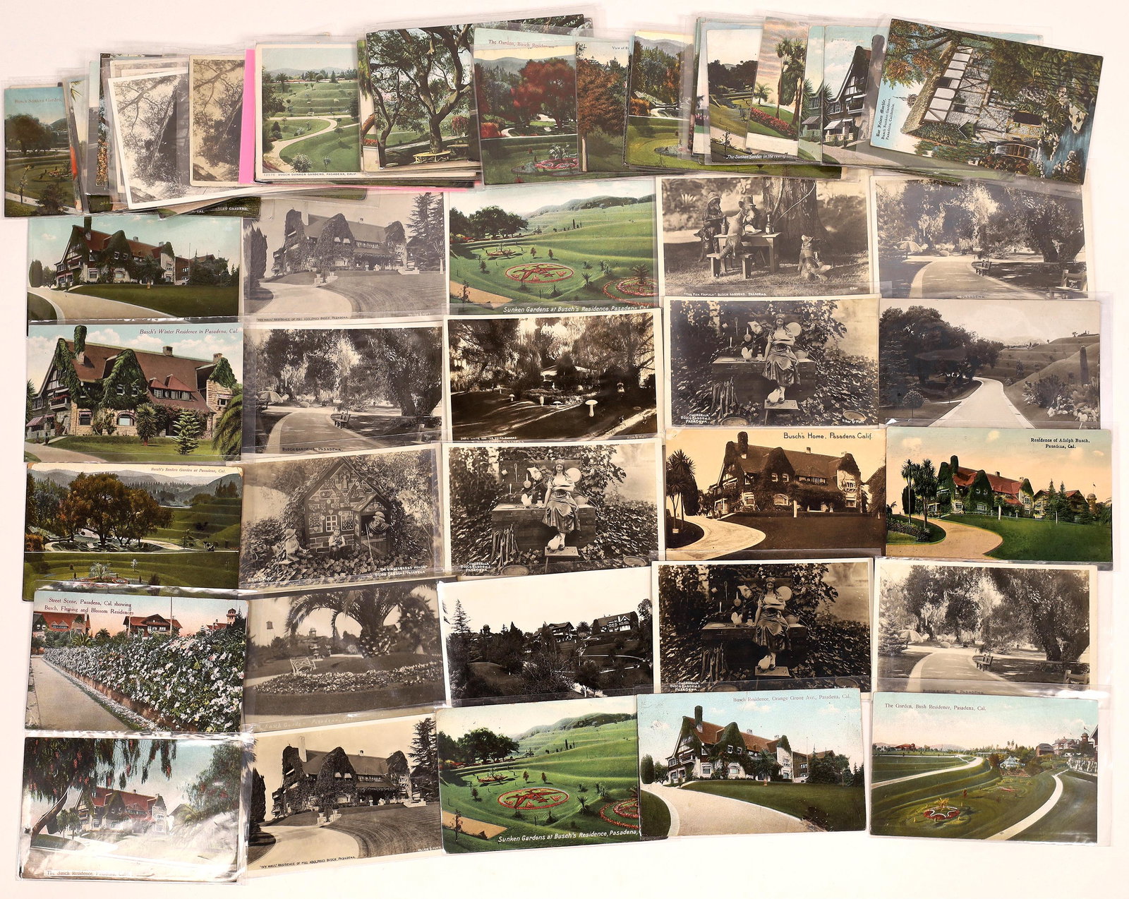 Pasadena, CA Adolphus Busch Gardens Postcard Collection: Lot of approx. 80 postcards highlighting the Pasadena, CA residence of beer magnate Adolphus Busch. All split backs. Approx. 20 RPCs, most white border. Remained of collection mostly color prints of t
