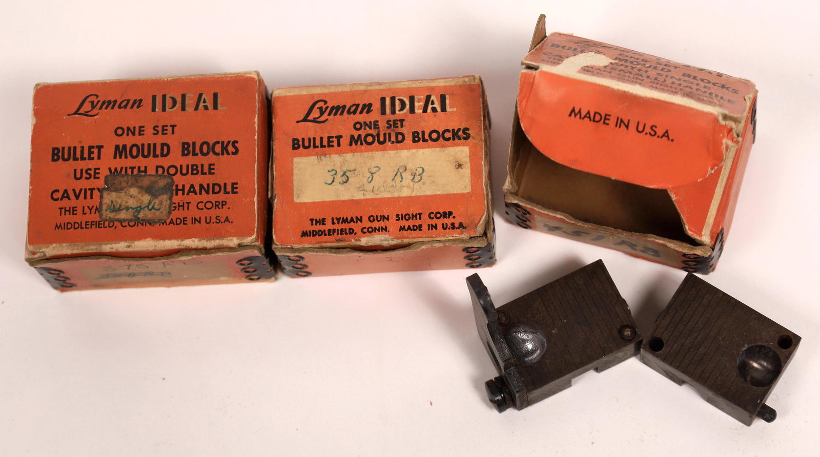 Lyman Bullet Molds [142334]: This lot of three Lyman Ideal single cavity bullet molds are: .358 RB (.36 cal.rifle), .451 RB ( .45 cal. pistol), .575 RB (.58 cal. rifle). All molds are lightly used in very good condition. These mo