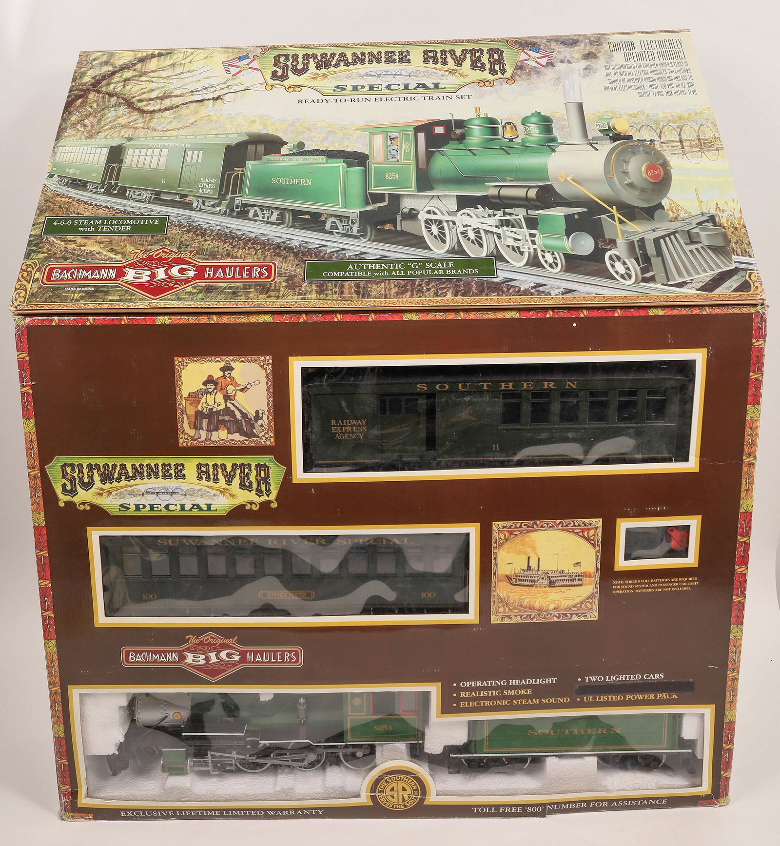 Bachmann G Scale Suwannee River Special. NIB [141218]: NIB, not opened. BACHMANN BIG HAULER "SUWANNEE RIVER Special" G SCALE TRAIN SET 4-6-0 STEAM LOCOMOTIVE. 90027 with coal tender. Operating headlight realistic smoke, speed synchronized steam sound ligh