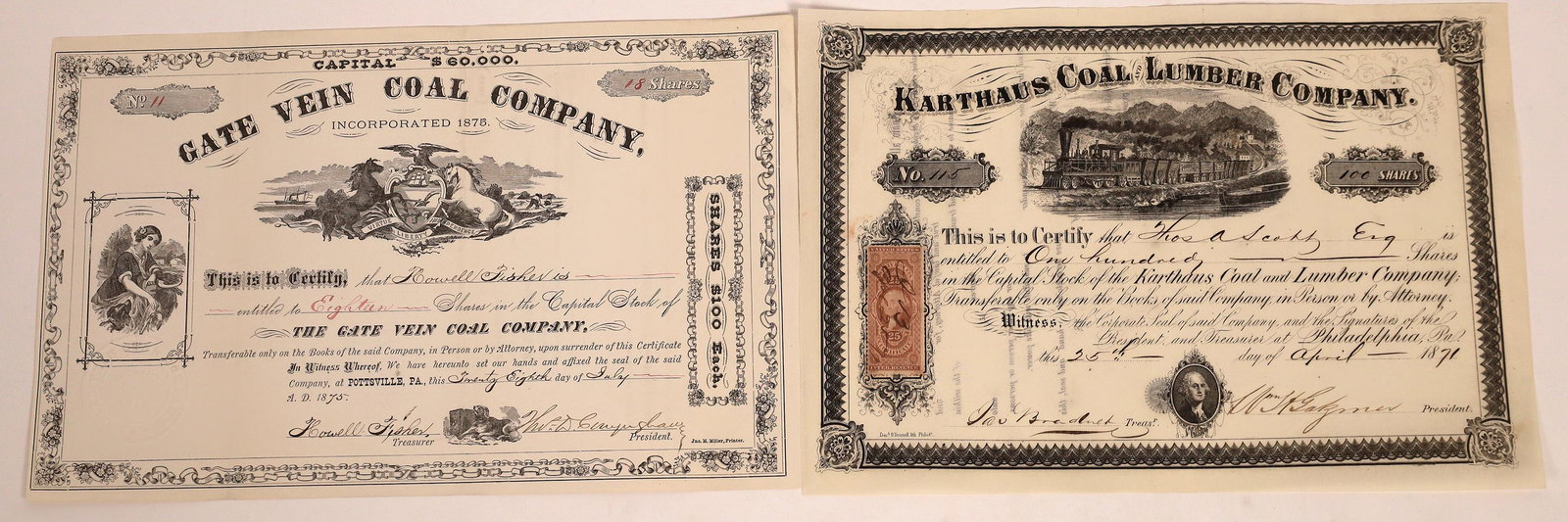 Two Nice Pennsylvania Coal Stocks, both 1870's [141474] (1 of 1)