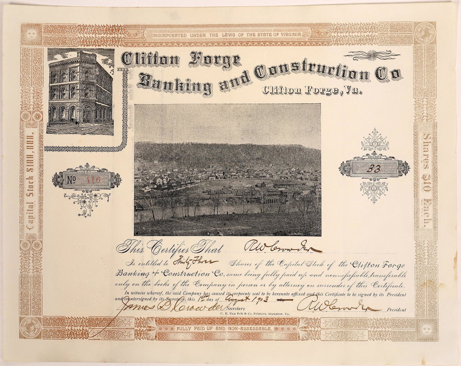 Clifton Forge Banking & Construction Stock (VA) With: Stunning stock certificate issued in 1903. Large size certificate has a bank vignette at top left and a birds-eye city view at the center. The company inc. in 1890. VF. Uncanceled. Van Pelt printers,