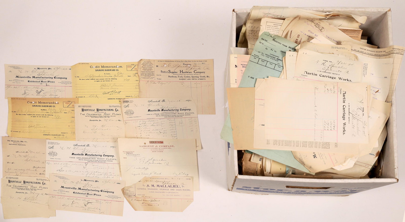 Billheads From Around the Country [140626]: An assortment of Billheads from around the country. Included are Billheads from Mountville Manufacturing Company, Simmons Hardware Company, Supplee Hardware Company and more. This will be a real scave