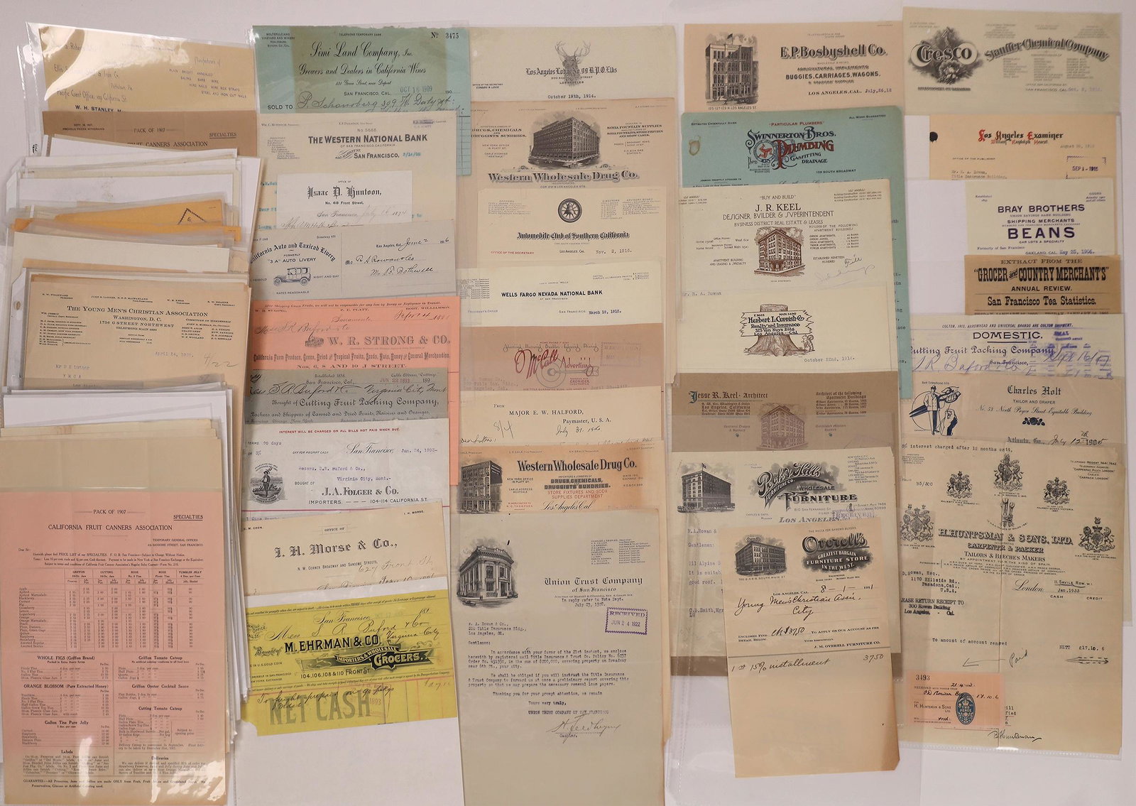 California Letterheads/Billheads Collection (160): Lot of 160. Letterheads and billheads from a wide variety of companies/organizations doing business in California c. 1880s - 1920s. Most located in either San Francisco or Los Angeles. Many letterhead