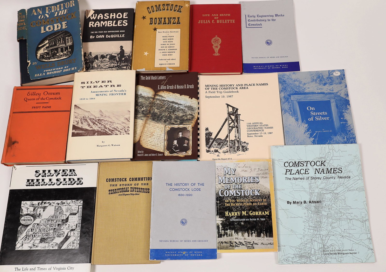 Comstock Library [144322]: Fourteen Volumes. Silver Theatre by Watson 1964. Comstock Commotion; Territorial Enterprise by Beebe 1954. An Editor on the Comstock Lode by Drury 1936. Washoe Rambles by DeQuille 1963. Eilley Orrum b