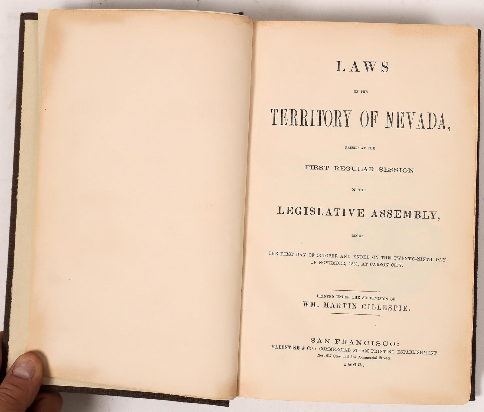 Laws of the Territory of Nevada [144305]: Certified by Orion Clemens (Mark Twain's brother). 1864. Many interesting laws in here. Incorporating the Virginia Carson & Truckee RR, incorporate the Humboldt River Ferry Company, create the Gold Hi