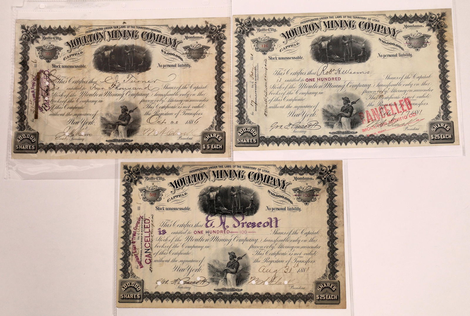 Moulton Mining Company Stock Certificates signed by (1 of 1)