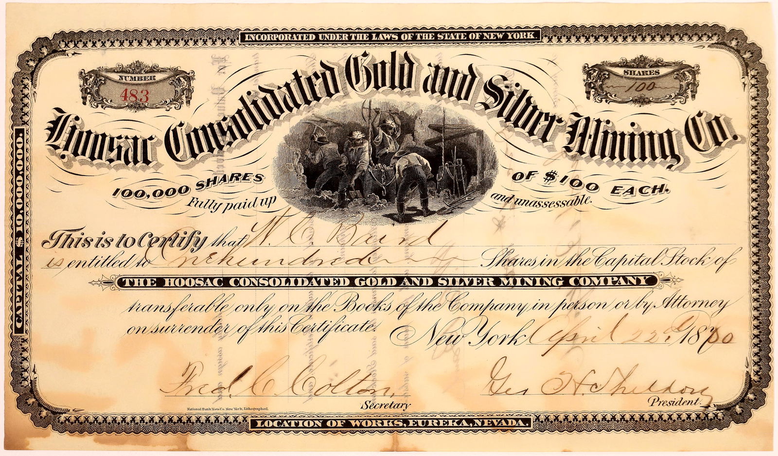 Hoosac Consolidated Gold and Silver Mining Co. Stock (1 of 1)