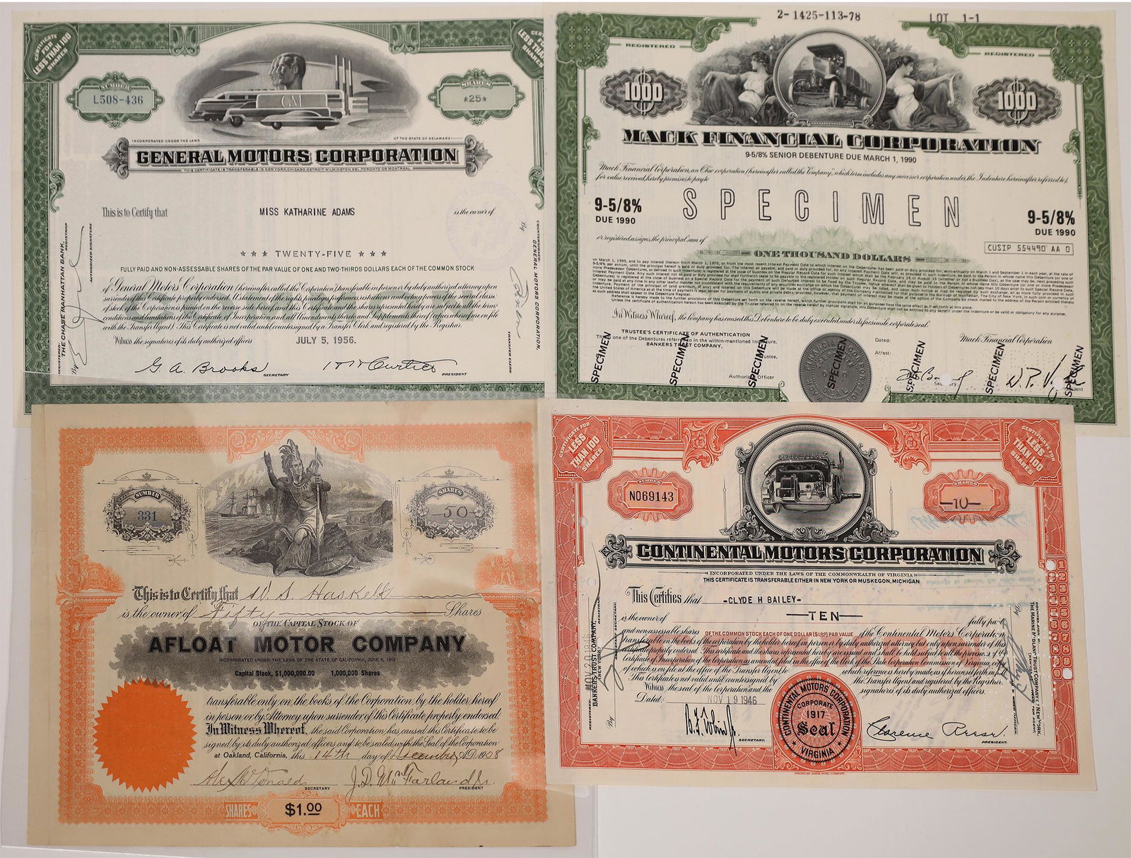 Four Different Automobile Stock Certificates  [134652] (1 of 1)