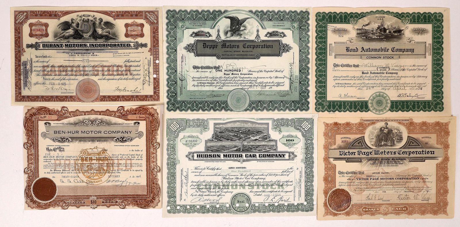 Some Rare Automobile Stocks (6) [145681]: Six different rare ones includes certificates from Ben Hur Motor Company, 1916 (tightly trimmed); Bond Automobile Company, 1925; Deppe Motors Corporation, 1927; Durant Motors Incorporated, 1925; Hudso