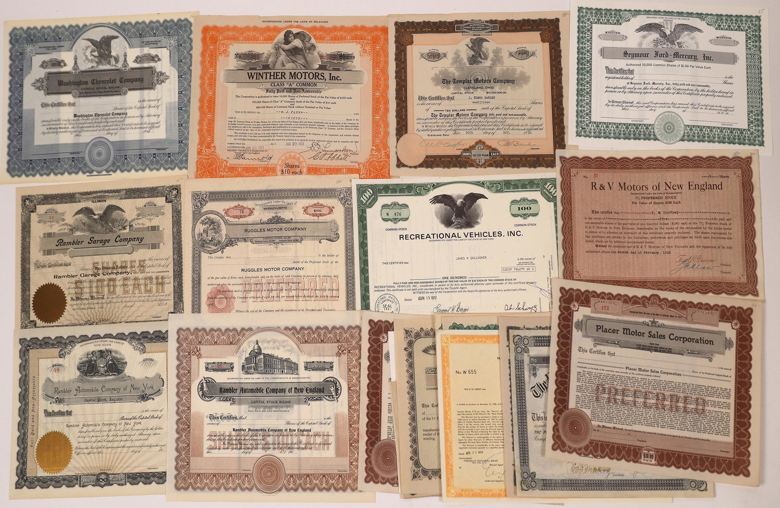 Car Dealership & Other Automobile Stock Certificates: Lot of 21. Duplication. Includes: Danhof Chevrolet (uniss..); Thomas B. Jeffery Co. of California (1910 and uniss..); Moore Motor Vehicle Co. 1918); McPhee Motor Co. (two uniss..); Nation-Wide Auto Au